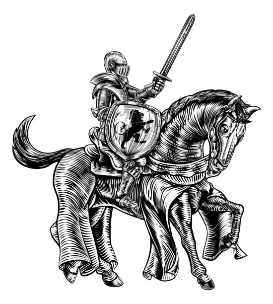 A knight holding a sword and shield on the back of horse in a medieval vintage woodcut engraved or etched style