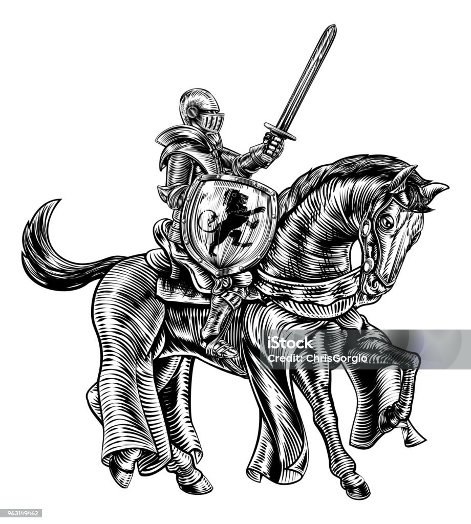 Medieval Knight Horse Vintage Woodblock Engraving A knight holding a sword and shield on the back of horse in a medieval vintage woodcut engraved or etched style Knight - Person stock vector