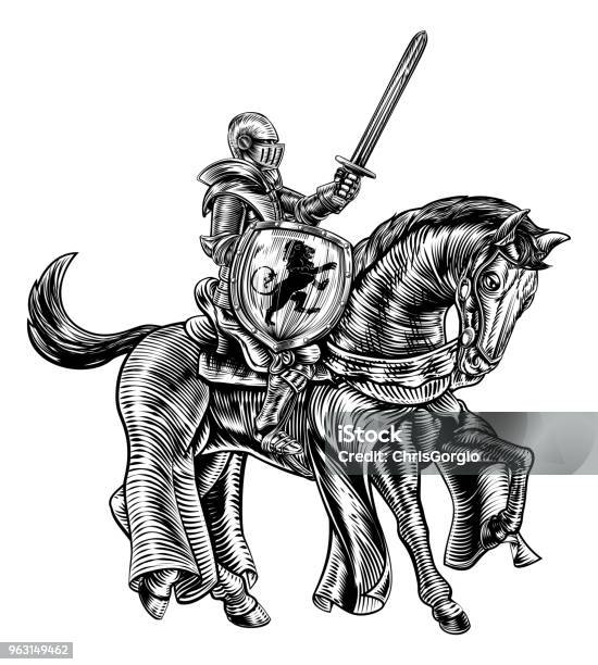 Medieval Knight Horse Vintage Woodblock Engraving Stock Illustration - Download Image Now - Knight - Person, Medieval, Drawing - Art Product