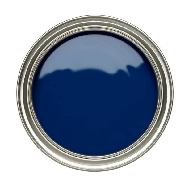 istock TIN CAN OF DARK BLUE PAINT ON WHITE BACKGROUND 963155286