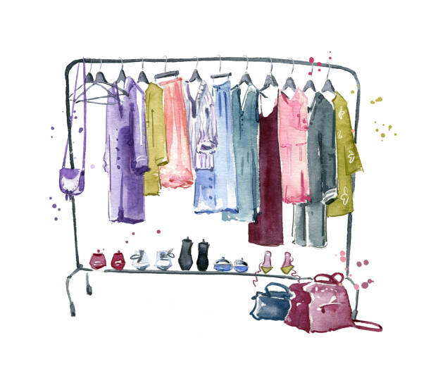szyna na ubrania, ilustracja akwarelowa - clothing closet hanger dress stock illustrations