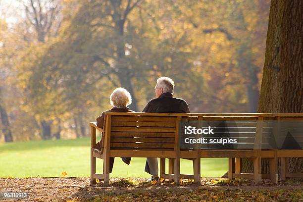 Golden Autumn Stock Photo - Download Image Now - Senior Couple, Senior Adult, Bench