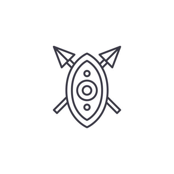 African shield spears linear icon concept. African shield spears line vector sign, symbol, illustration. African shield spears line icon, vector illustration. African shield spears linear concept sign. spear icon stock illustrations