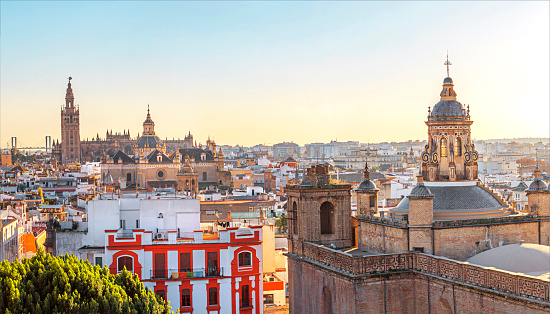 Panorama of the historical centre of Seville in Andalusia, Spain.