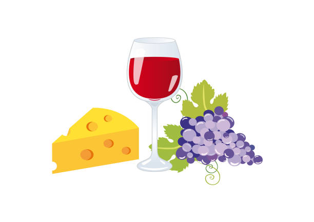 ilustraciones, imágenes clip art, dibujos animados e iconos de stock de vector de vino y queso - cheese wine white background grape