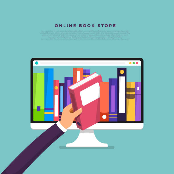 Flat design concept online books store. Hand pick book from internet device. Vector illustrate. Flat design concept online books store. Hand pick book from internet device. Vector illustrate. library stock illustrations