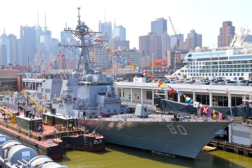 A Navy Destroyer at dock in the Hudson River in New York City during Fleet Week.