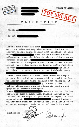 Top secret document, declassified, confidential information, secret text. Non-public information. Sheet of paper with classified information