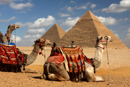 Bedouins riding on camels, pyramids on the background, Giza, Egypt.