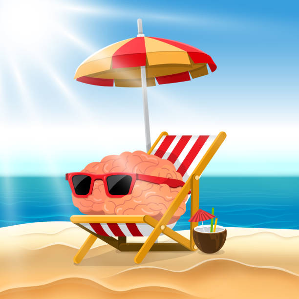 그림 만화 개념 뇌 해변에서 휴식을 취하십시오. 벡터를 보여 줍니다. - relaxation vacations heat sunglasses stock illustrations