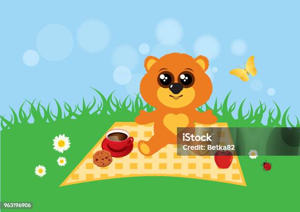Teddy Bear In The Meadow Vector Stock Illustration - Download Image Now - Picnic, Teddy Bear, Animal