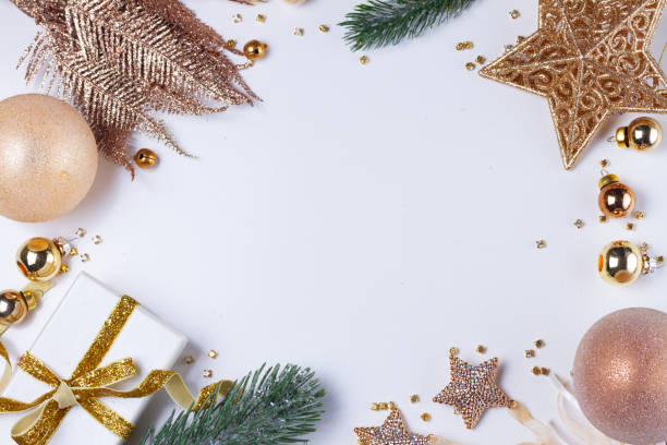 istock Christmas flat lay scene with golden decorations 963200386