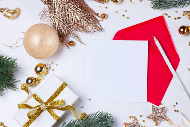 istock Christmas flat lay scene with golden decorations 963200568