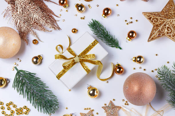 istock Christmas flat lay scene with golden decorations 963200918