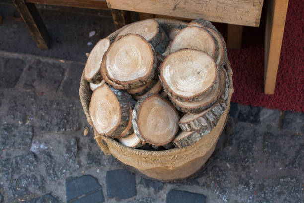 istock Wood Log cut in round thin pieces 963215296