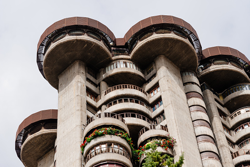 Low angle view of iconic 60s residential skyscraper in Madrid. Torres blancas by Sainz de Oiza Architect