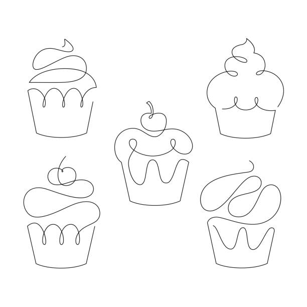 ilustraciones, imágenes clip art, dibujos animados e iconos de stock de set de cupcakes en el estilo de una línea de moda. vector. - cupcake