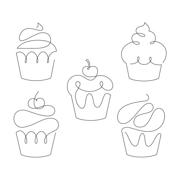 zestaw babeczek w modnym stylu jednoliniowym. wektor. - dessert sweet food abstract art stock illustrations