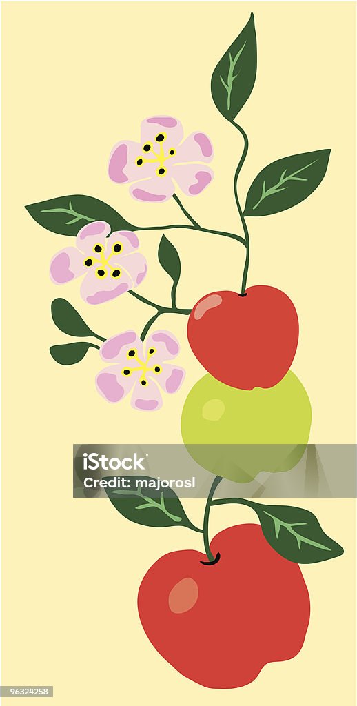 Tres manzanas y cerezos en flor - arte vectorial de Alimento libre de derechos