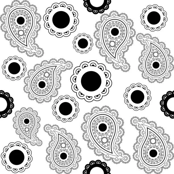 Vector illustration of The black paisley pattern on white background. Seamless pattern of Indian cucumber. Oriental pattern of buta.