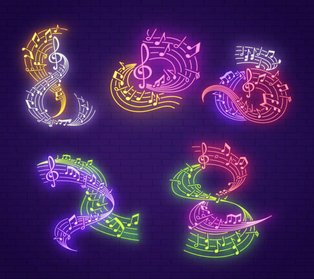 Musical note neon signboard for music club party Musical note neon sign for live music night club and karaoke bar signboard. Glowing music stave with musical note and treble clef on dark brick wall background neon music notes stock illustrations