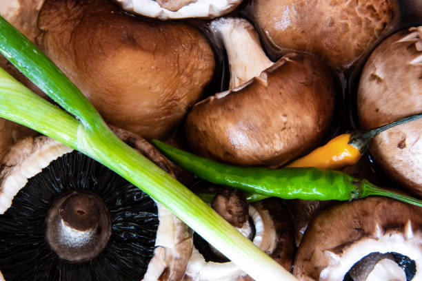 Delicious healthy ingredients (mushrroms, onion, chillies)