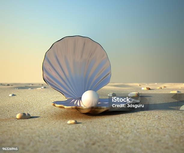Pearl Resting In Sea Shell On Sandy Beach Stock Photo - Download Image Now - Oyster Pearl, Pearl Jewelry, Oyster