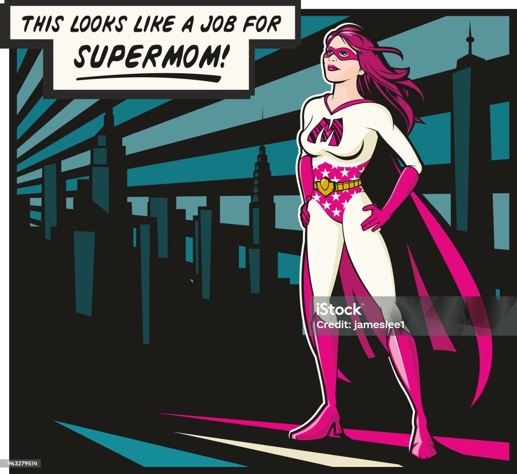 Supermom SuperMom, a beautiful caped crusader super hero Looks out over the city skyline. She's ready for action. Pop art comic book style vector illustration. Fully editable. Supermom stock vector
