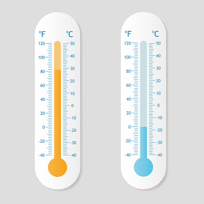 Celsius and fahrenheit meteorology thermometers. Heat and cold. The thermometer shows a warm and cold temperature. Stock vector