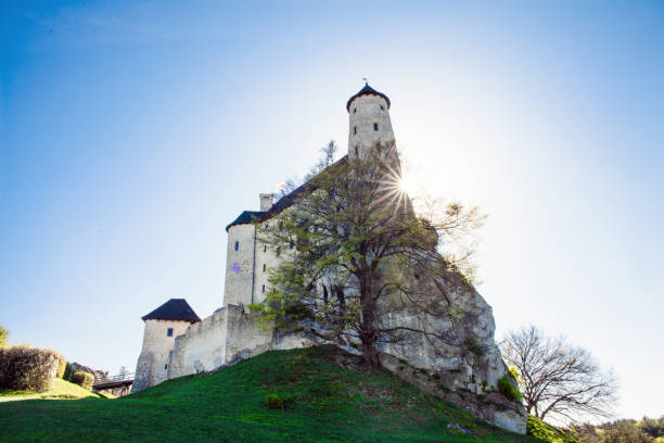 ruins of a gothic castle and hotel in bobolice, poland. castle in the village of bobolice, jura krakowsko-czestochowska. castle in eagle nests style. built during the reign of  kazimierz wielki. - lamp lighting equipment light reading imagens e fotografias de stock