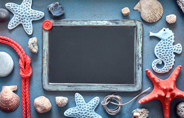istock Blank blackboard with sea shells, rope and star fish on blue structured background, space 963290738