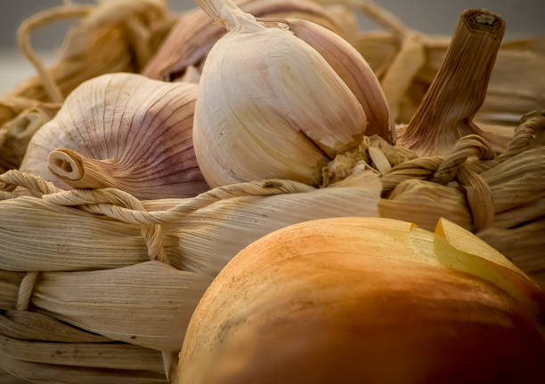 Summer village marketplace with garlic in Greece