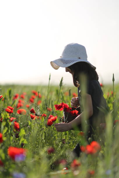 istock Little gilrl with hat in a flower field 963294878