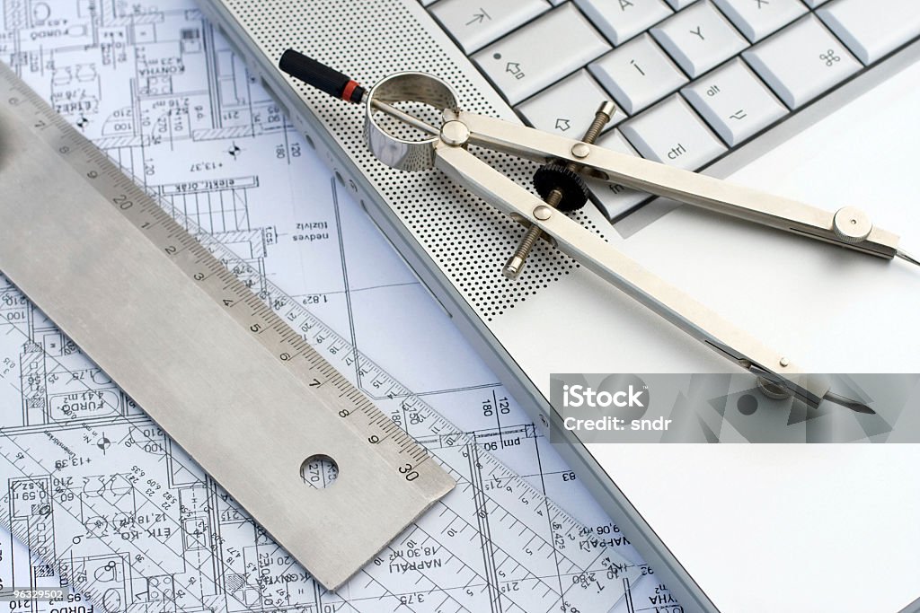 Laptop and rulers on a blueprint  Plan - Document Stock Photo