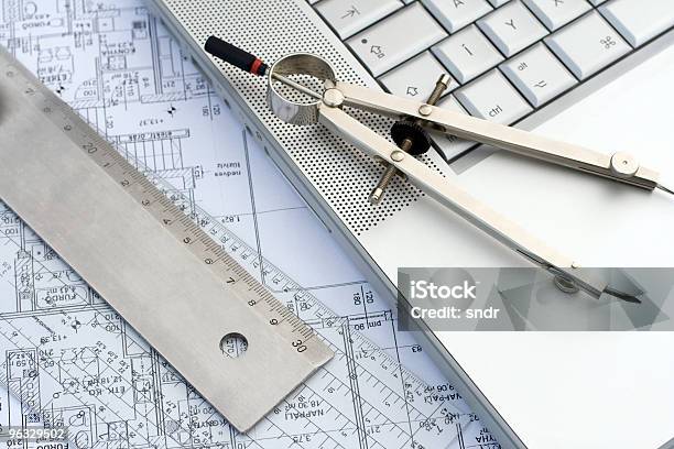 Laptop And Rulers On A Blueprint Stock Photo - Download Image Now - Plan - Document, Flooring, Hardware Store