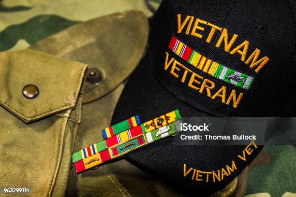 Vietnam Veterans Hat Service Ribbons Pouches Stock Photo - Download Image Now - Veteran, Vietnam, Hat