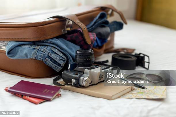 Ready Vacation Suitcase Stock Photo - Download Image Now - Suitcase, Travel, Camera - Photographic Equipment