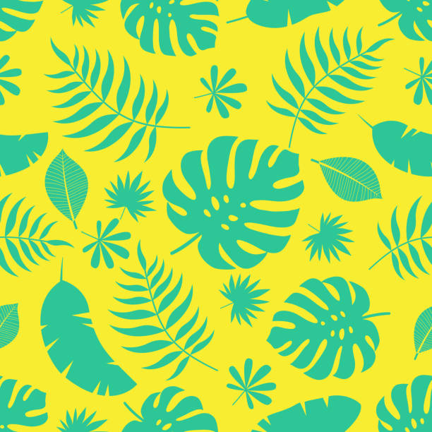 egzotyczny bezszwowy kolorowy jasny wzór z zieloną tropikalną dżunglą pozostawia sylwetki na żółtym tle. - leaf green backgrounds flower stock illustrations