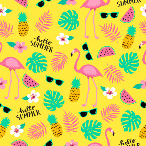 illustrazioni stock, clip art, cartoni animati e icone di tendenza di estate senza cuciture simpatico motivo colorato con fenicottero, ananas, foglie tropicali, anguria, fiori, occhiali da sole su sfondo giallo. - summer pattern