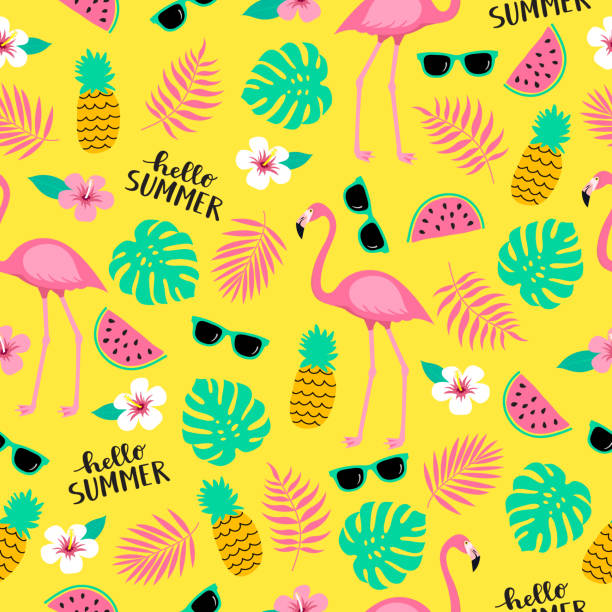 Summer seamless cute colorful pattern with flamingo, pineapple, tropical leaves, watermelon, flowers, sunglasses on yellow background. Vector illustration hawaii islands illustrations stock illustrations