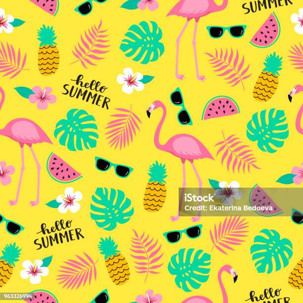 Summer Seamless Cute Colorful Pattern With Flamingo Pineapple Tropical Leaves Watermelon Flowers Sunglasses On Yellow Background Stock Illustration - Download Image Now