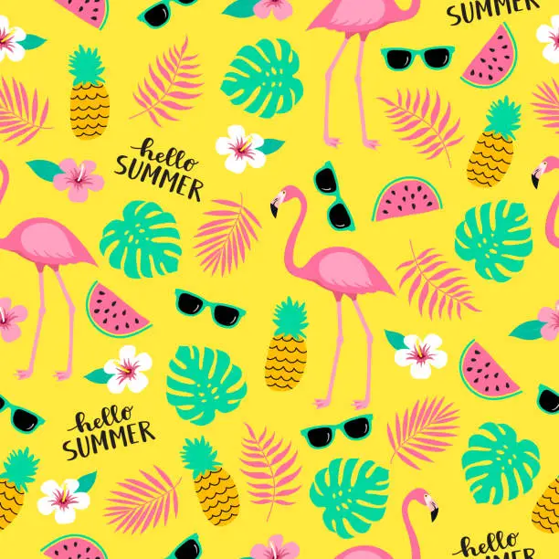 Vector illustration of Summer seamless cute colorful pattern with flamingo, pineapple, tropical leaves, watermelon, flowers, sunglasses on yellow background.