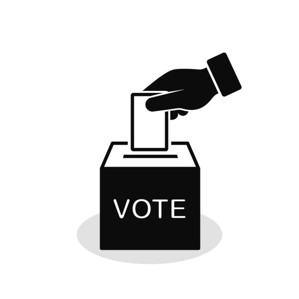 ilustraciones, imágenes clip art, dibujos animados e iconos de stock de icono de voto concepto de estilo plano. poner papel de voto en urna a mano. vector de - voting election ballot box box