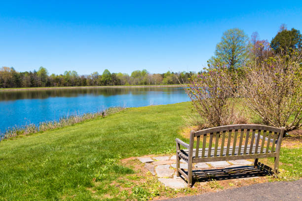 Bench besides a running path and pond in Forest Hill Park, Richmond VA.