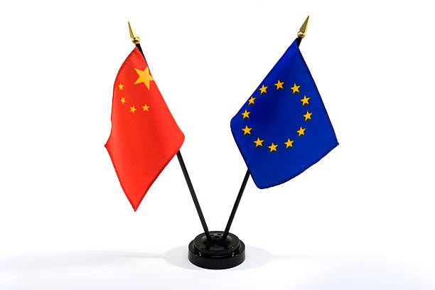 China and EU flags isolated stock photo