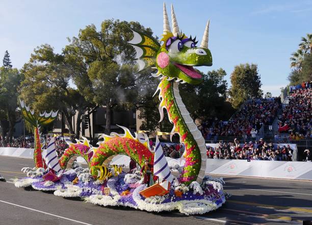 2018 Tournament of Roses Parade-UPS Store Float, winner of the ExtraordiniareTrophy PASADENA, CALIFORNIA—JANUARY 1, 2018: Back view of the UPS Store Float, winner of the Extraordiniare Trophy for its “Books bring dreams to life” design at the 2018 Tournament of Roses Parade. tournament of roses stock pictures, royalty-free photos & images