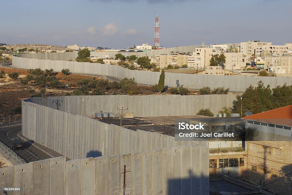 Israel's Security Barrier on edge of Bethlehem Israel's controversial security barrier, here seen from a rooftop in Aida Refugee Camp, located in the West Bank town of Bethlehem. Israel Stock Photo