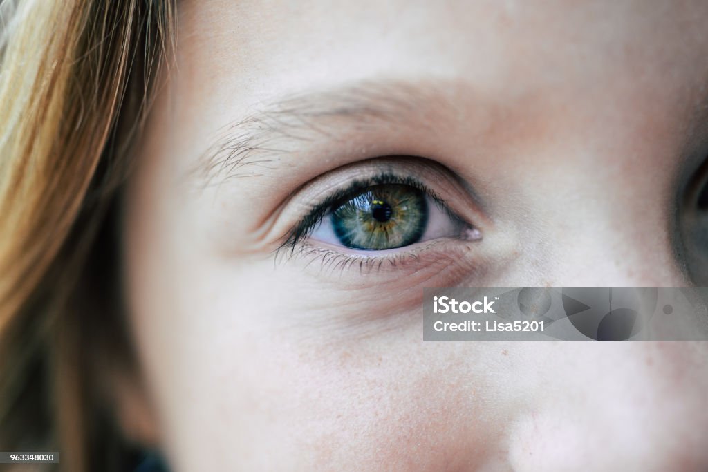 Green Eyed Girl Close up of a green eye belonging to a little girl, 7 year old child with beautiful natural bright eye color Eye Stock Photo