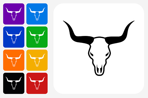 Bull Skull Icon Square Button Set. The icon is in black on a white square with rounded corners. The are eight alternative button options on the left in purple, blue, navy, green, orange, yellow, black and red colors. The icon is in white against these vibrant backgrounds. The illustration is flat and will work well both online and in print.