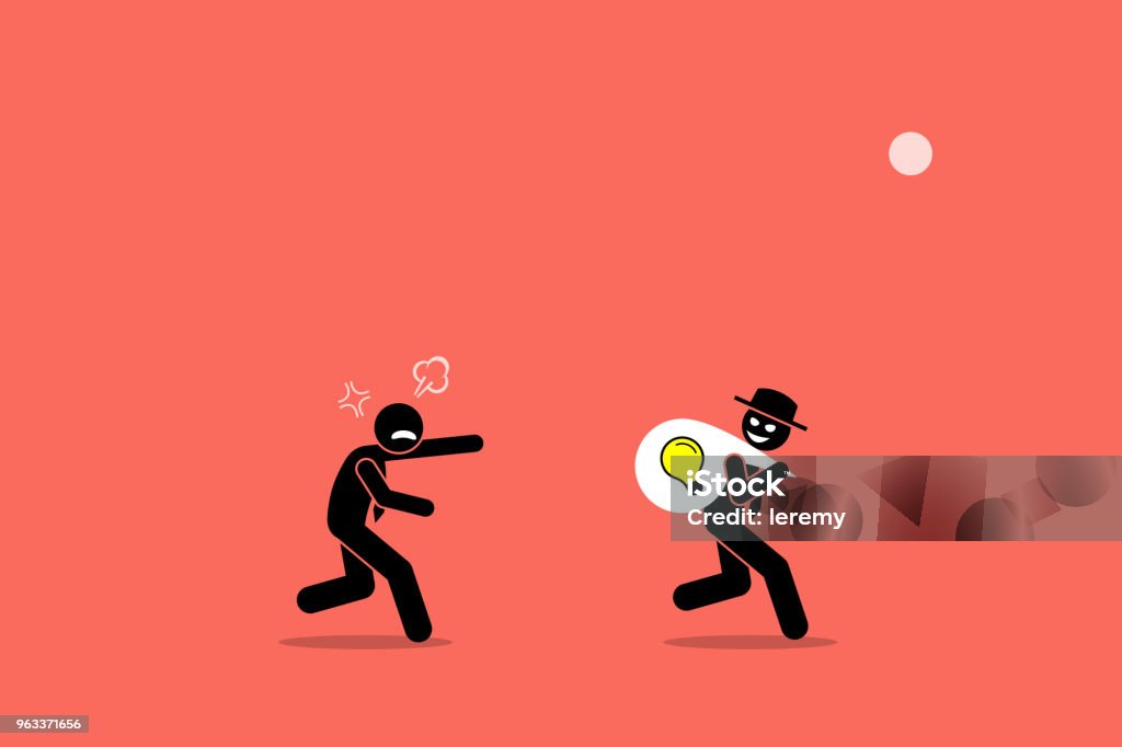 Evil businessman stealing business idea. Vector artwork illustration depicts the concept of business thief, copyright infringement, plagiarism , bad person, dishonest, underhand, and cheater. Stealing - Crime stock vector